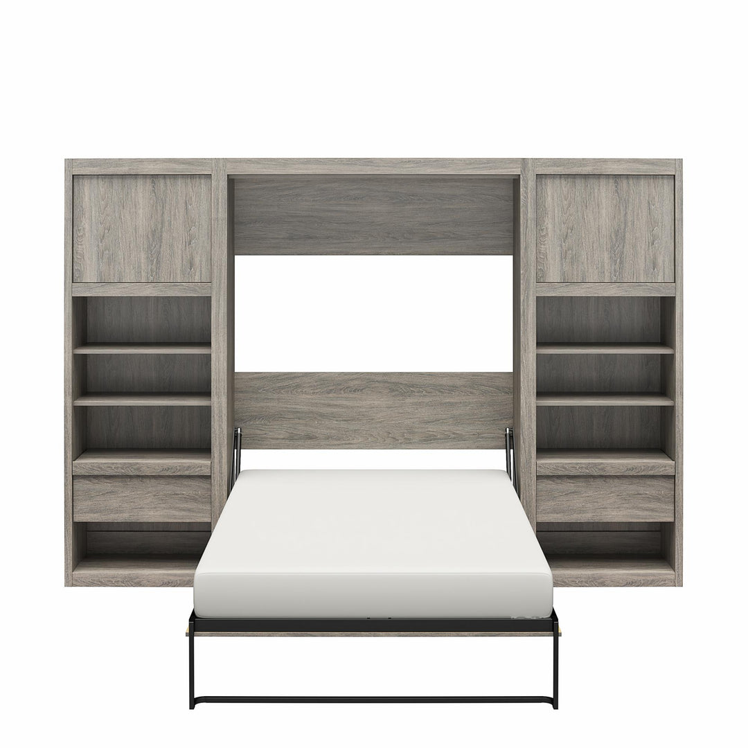 Paramount Murphy Bed Bundle with 2 Bedside Bookcase Cabinets & Slide-Out Nightstands - Gray Oak - Full