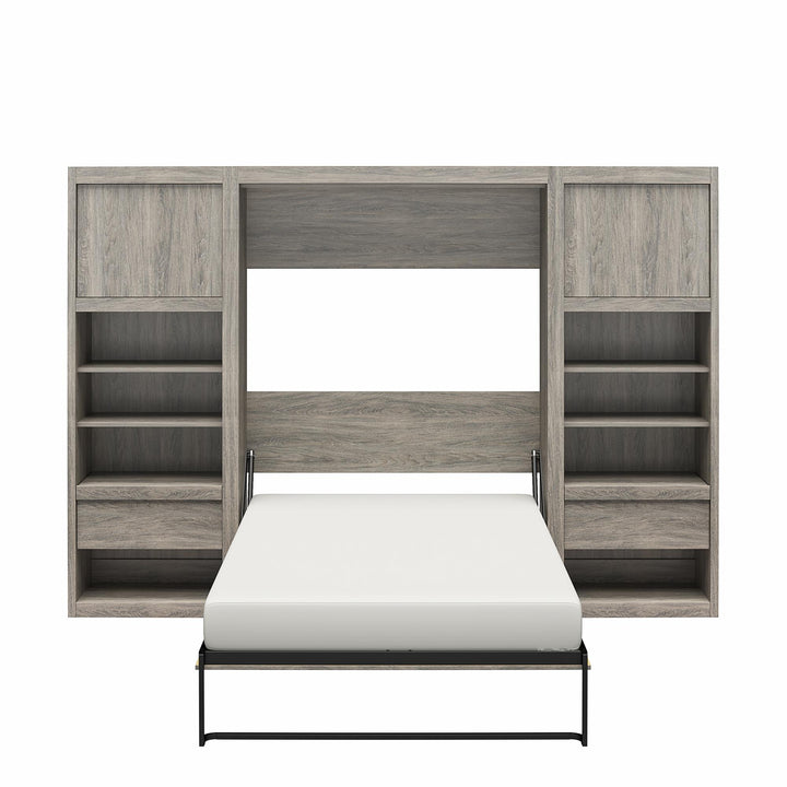 Paramount Murphy Bed Bundle with 2 Bedside Bookcase Cabinets & Slide-Out Nightstands - Gray Oak - Full
