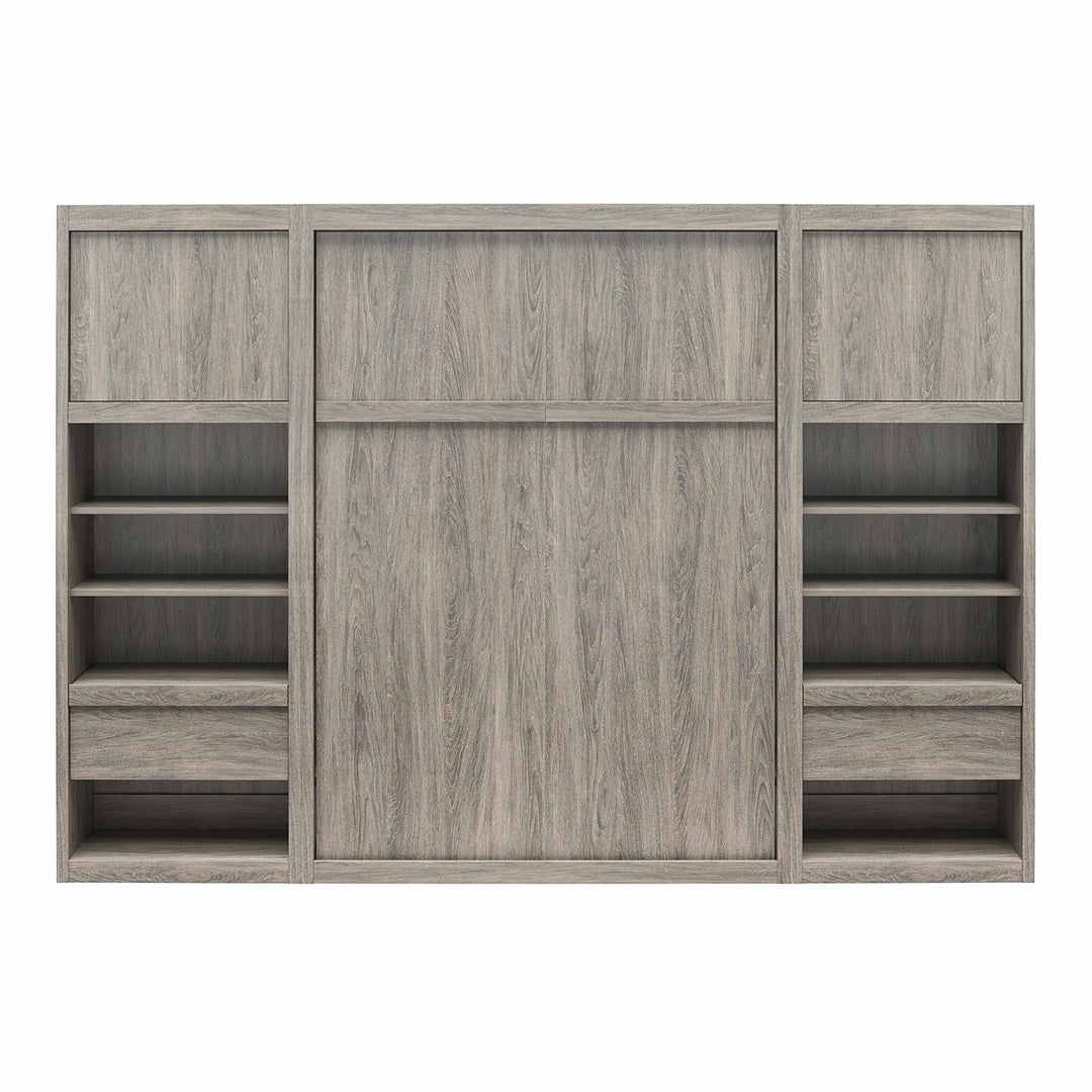Paramount Murphy Bed Bundle with 2 Bedside Bookcase Cabinets & Slide-Out Nightstands - Gray Oak - Full