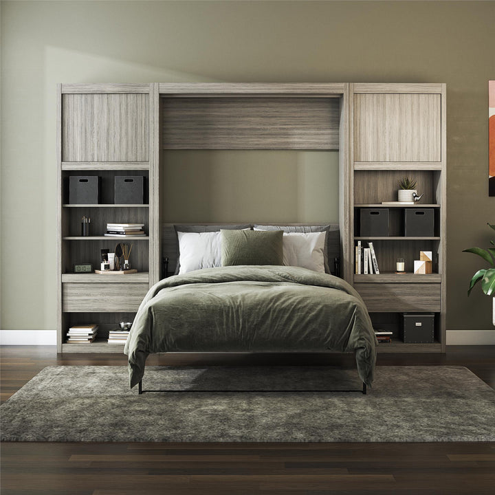 Paramount Murphy Bed Bundle with 2 Bedside Bookcase Cabinets & Slide-Out Nightstands - Gray Oak - Full