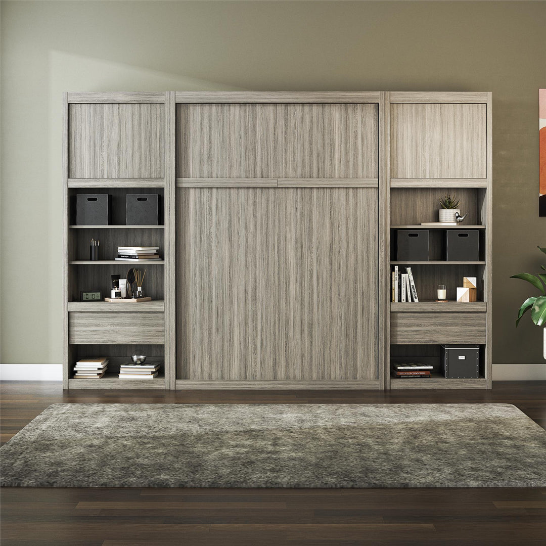 Paramount Murphy Bed Bundle with 2 Bedside Bookcase Cabinets & Slide-Out Nightstands - Gray Oak - Full