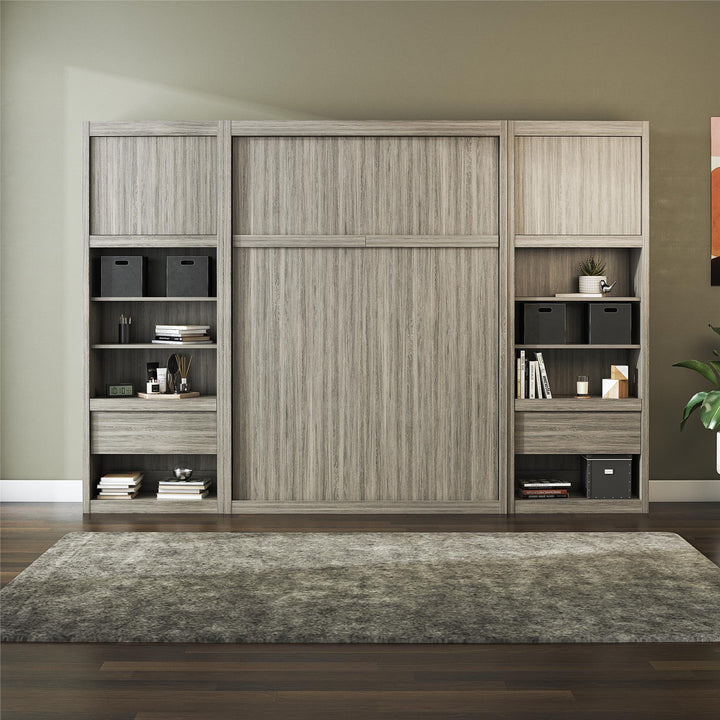Paramount Murphy Bed Bundle with 2 Bedside Bookcase Cabinets & Slide-Out Nightstands - Gray Oak - Full
