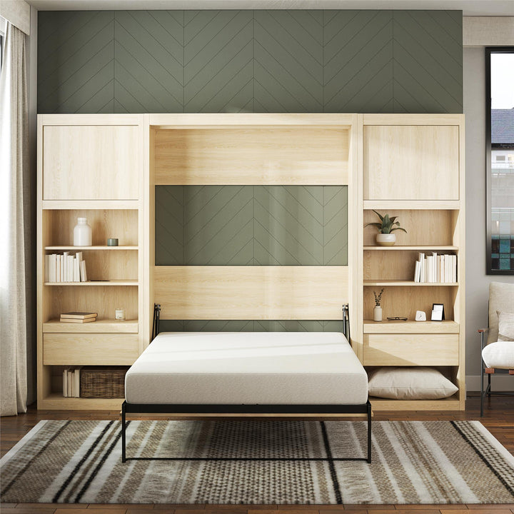 Paramount Murphy Bed Bundle with 2 Bedside Bookcase Cabinets & Slide-Out Nightstands - Monterey Oak - Full