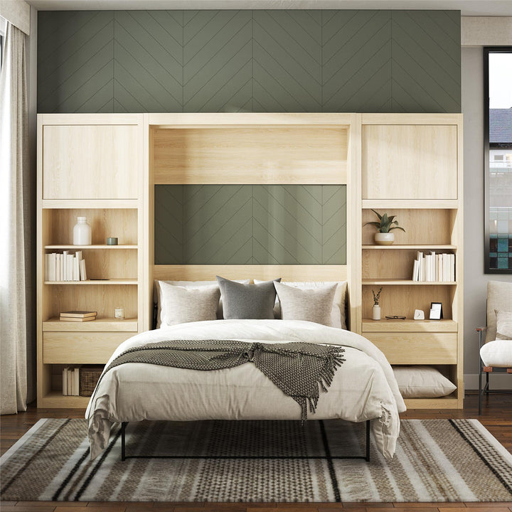 Paramount Murphy Bed Bundle with 2 Bedside Bookcase Cabinets & Slide-Out Nightstands - Monterey Oak - Full