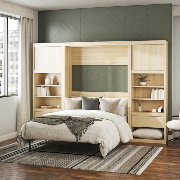 Paramount Murphy Bed Bundle with 2 Bedside Bookcase Cabinets & Slide-Out Nightstands - Monterey Oak - Full