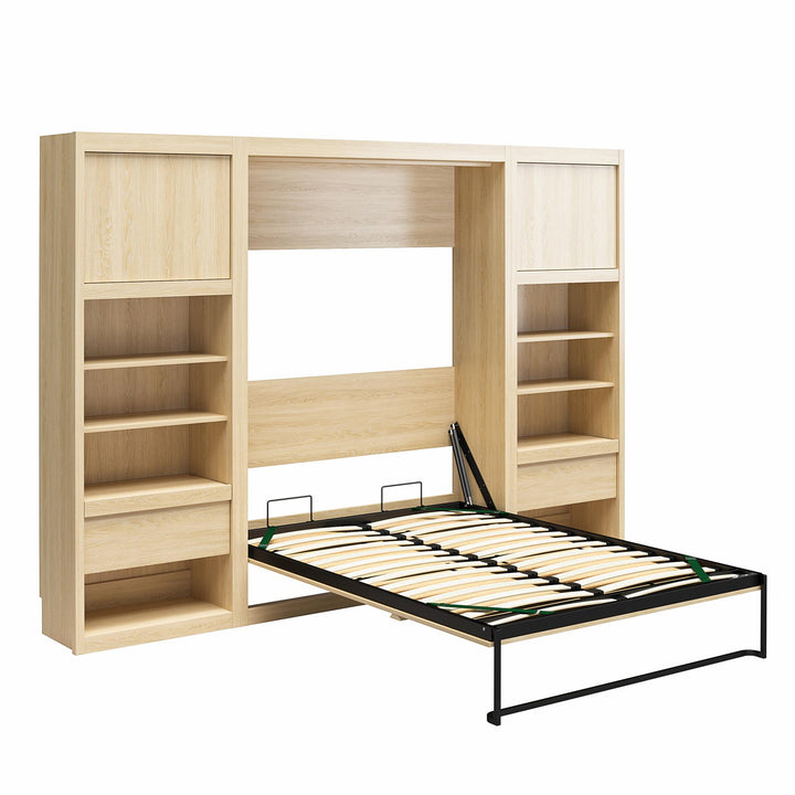 Paramount Murphy Bed Bundle with 2 Bedside Bookcase Cabinets & Slide-Out Nightstands - Monterey Oak - Full