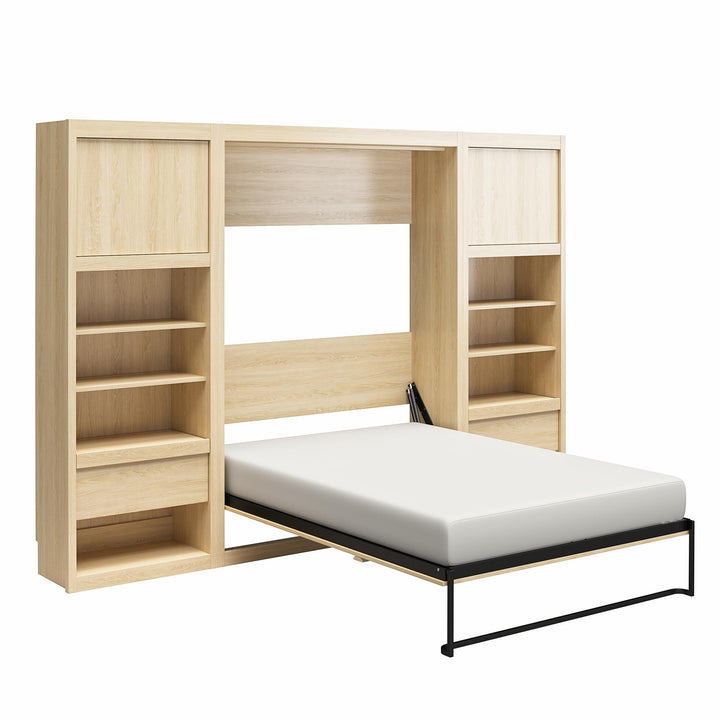 Paramount Murphy Bed Bundle with 2 Bedside Bookcase Cabinets & Slide-Out Nightstands - Monterey Oak - Full