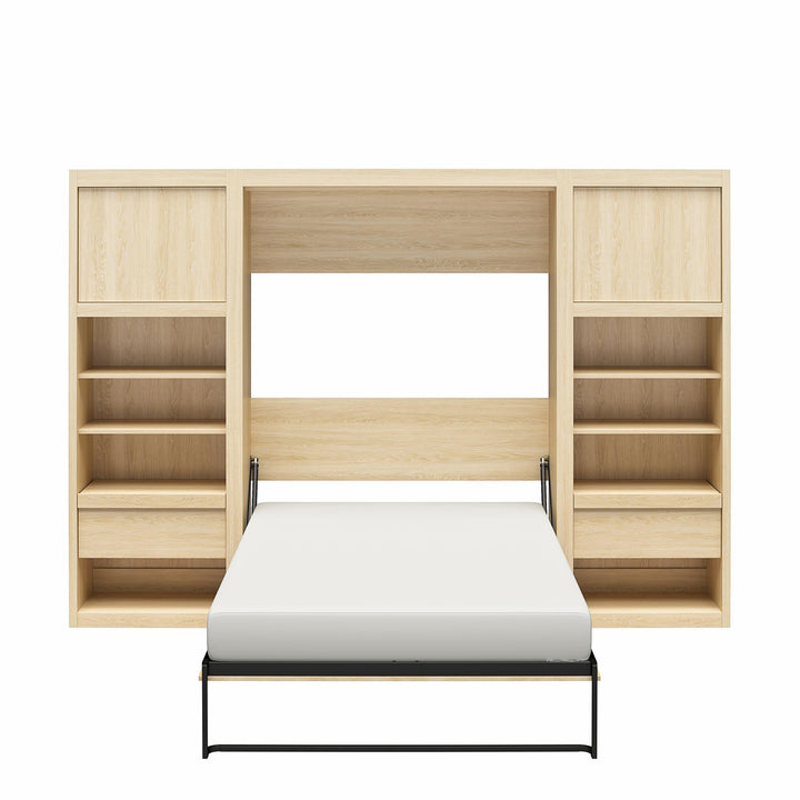 Paramount Murphy Bed Bundle with 2 Bedside Bookcase Cabinets & Slide-Out Nightstands - Monterey Oak - Full