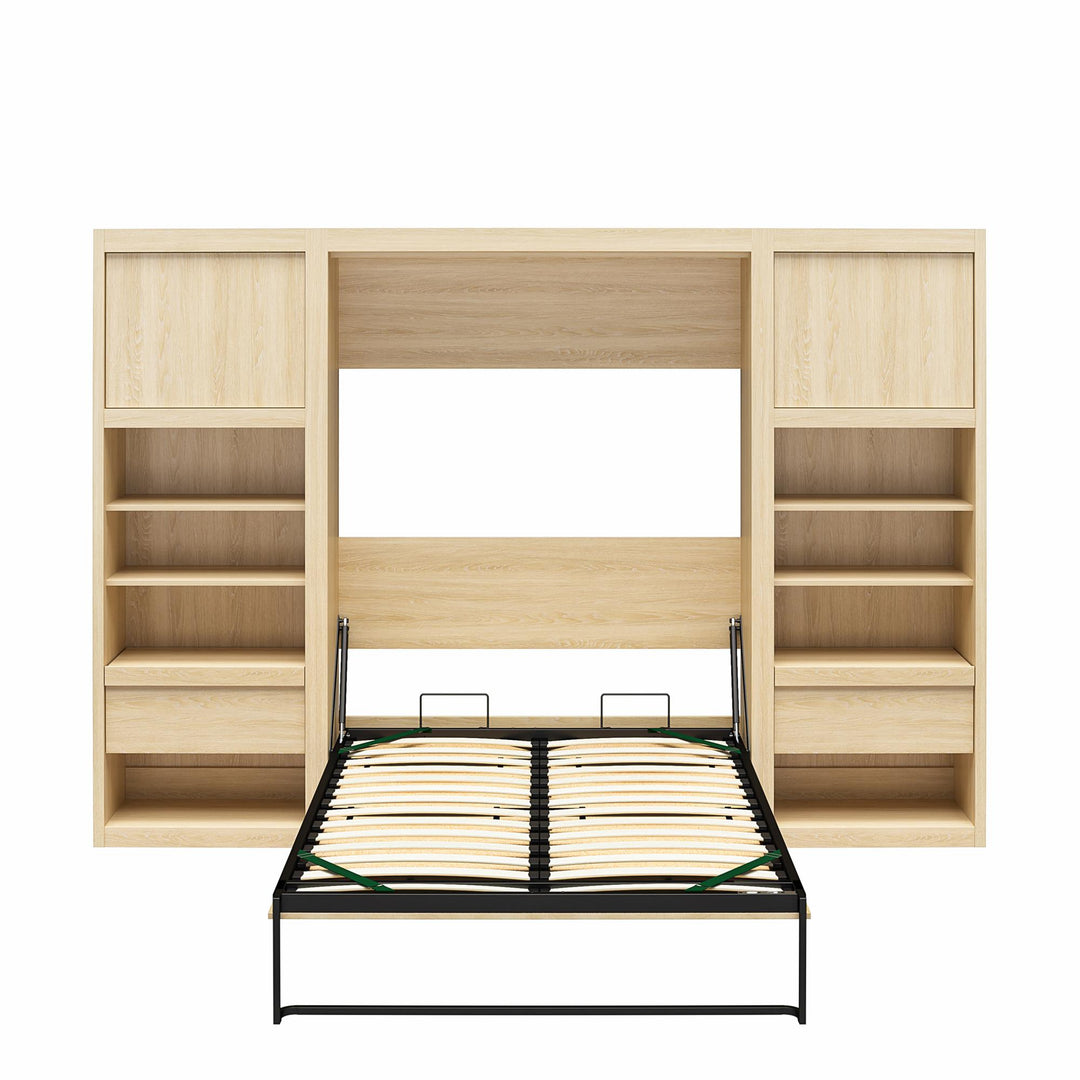 Paramount Murphy Bed Bundle with 2 Bedside Bookcase Cabinets & Slide-Out Nightstands - Monterey Oak - Full