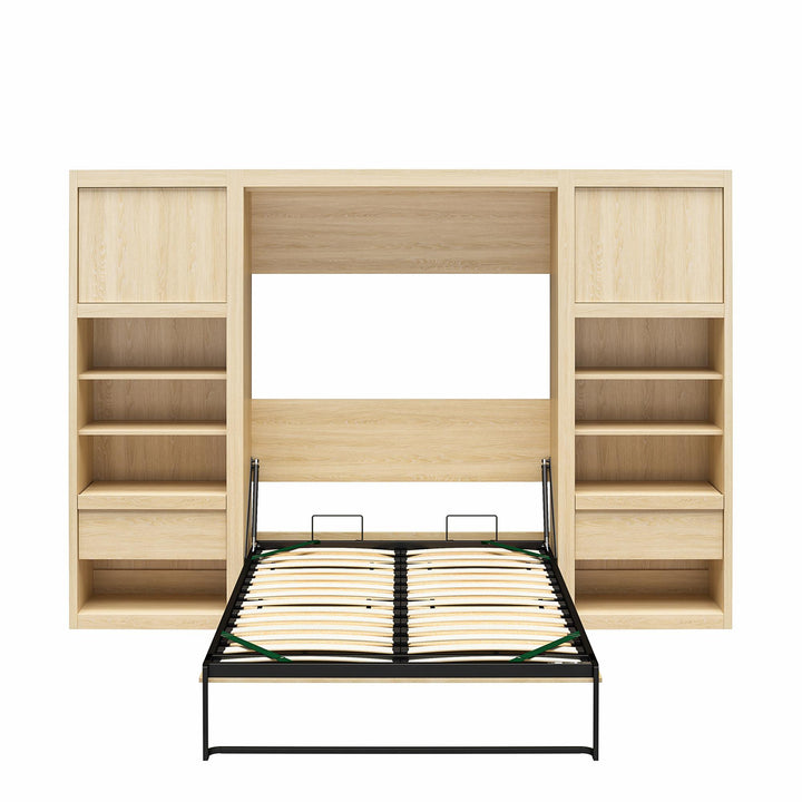 Paramount Murphy Bed Bundle with 2 Bedside Bookcase Cabinets & Slide-Out Nightstands - Monterey Oak - Full