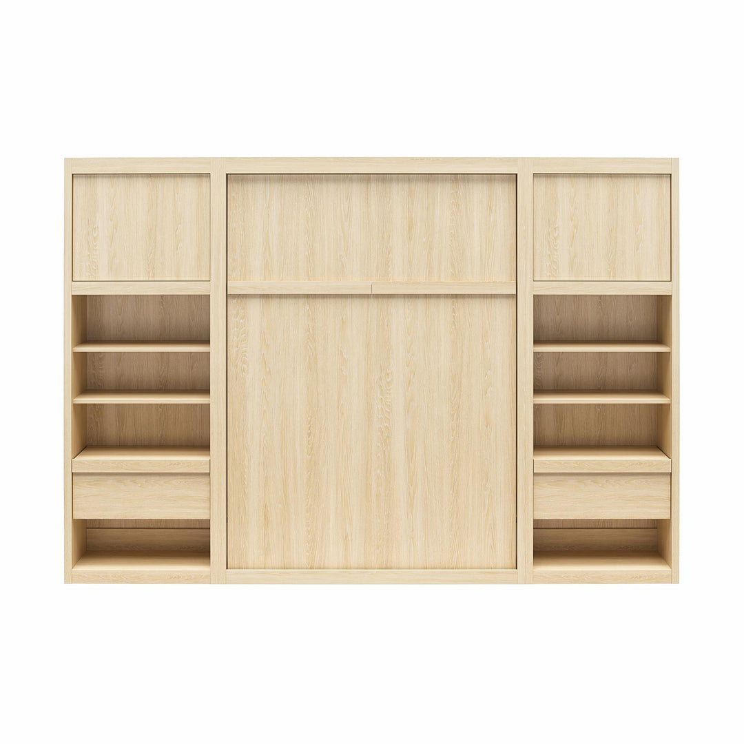Paramount Murphy Bed Bundle with 2 Bedside Bookcase Cabinets & Slide-Out Nightstands - Monterey Oak - Full