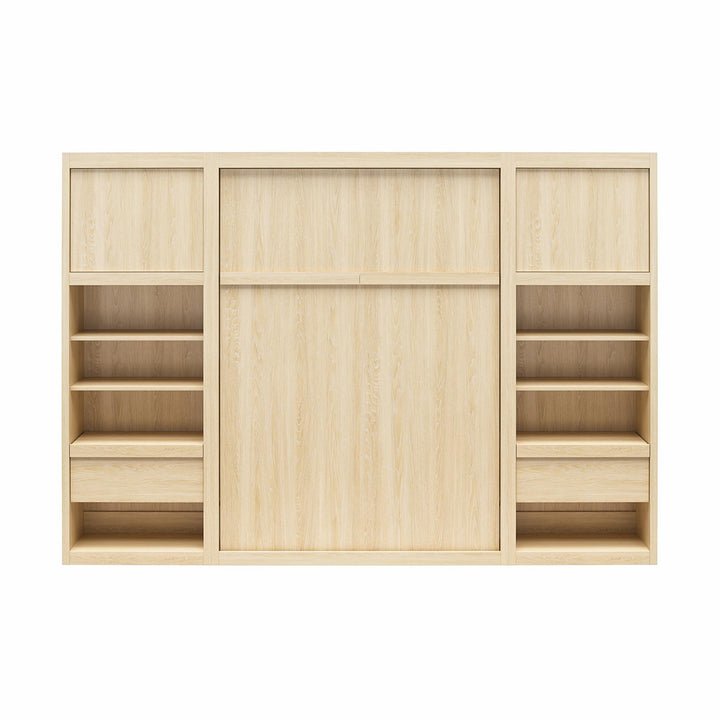 Paramount Murphy Bed Bundle with 2 Bedside Bookcase Cabinets & Slide-Out Nightstands - Monterey Oak - Full