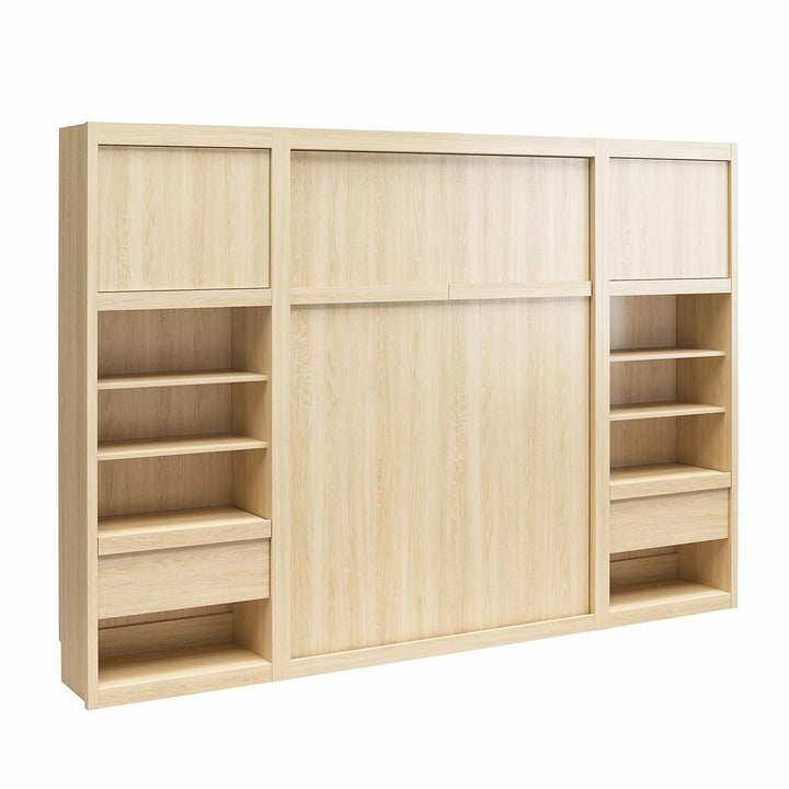 Paramount Murphy Bed Bundle with 2 Bedside Bookcase Cabinets & Slide-Out Nightstands - Monterey Oak - Full