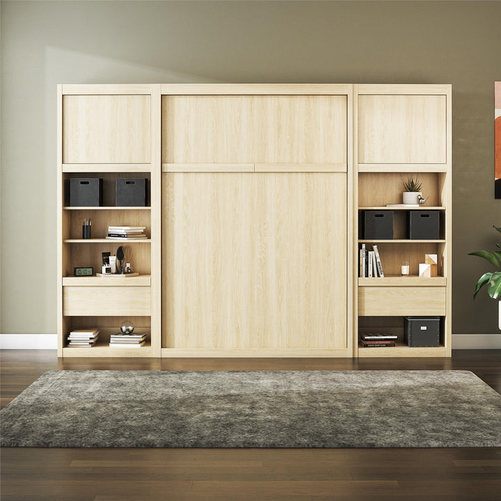 Paramount Murphy Bed Bundle with 2 Bedside Bookcase Cabinets & Slide-Out Nightstands - Monterey Oak - Full