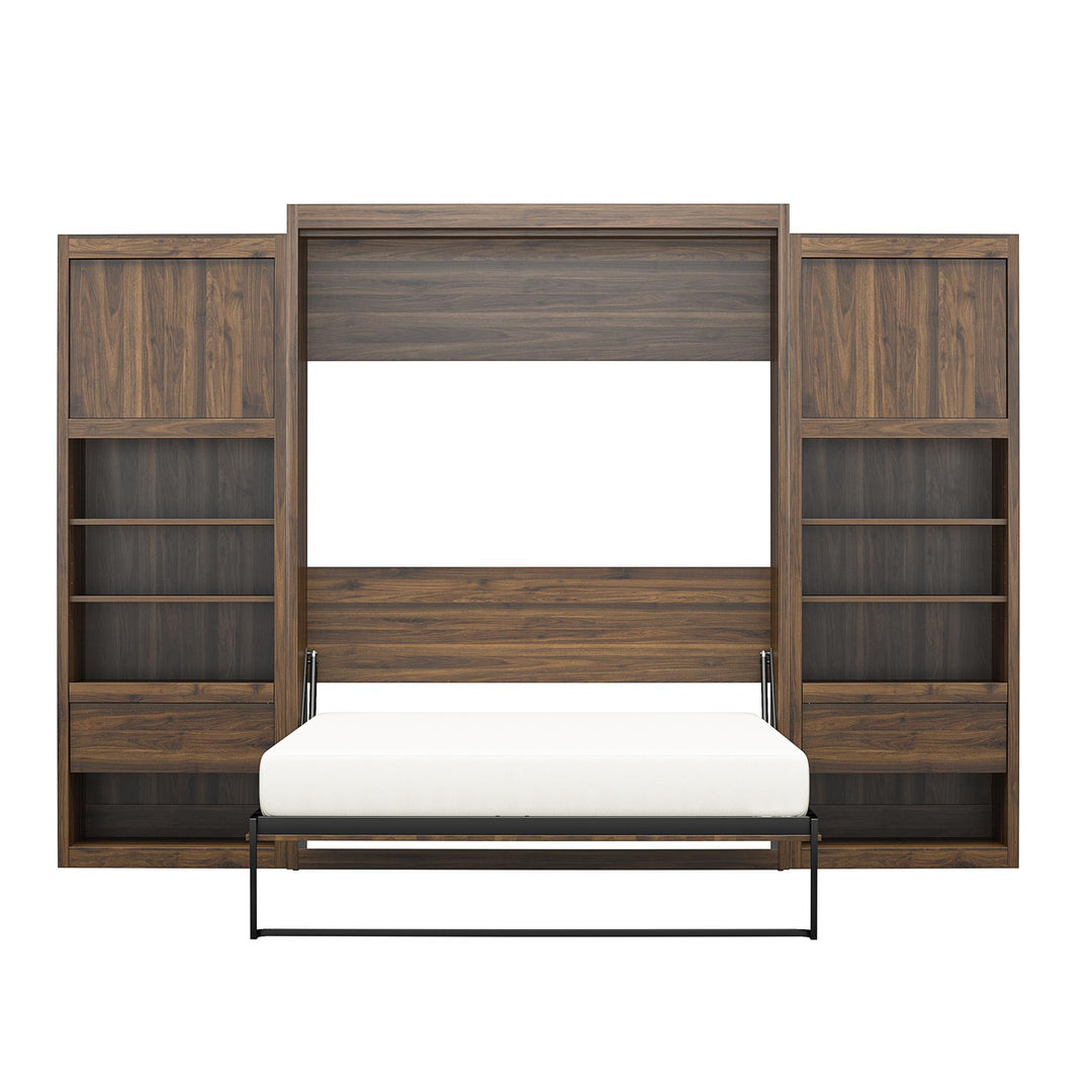 Paramount Murphy Bed Bundle with 2 Bedside Bookcase Cabinets & Slide-Out Nightstands - Columbia Walnut - Queen