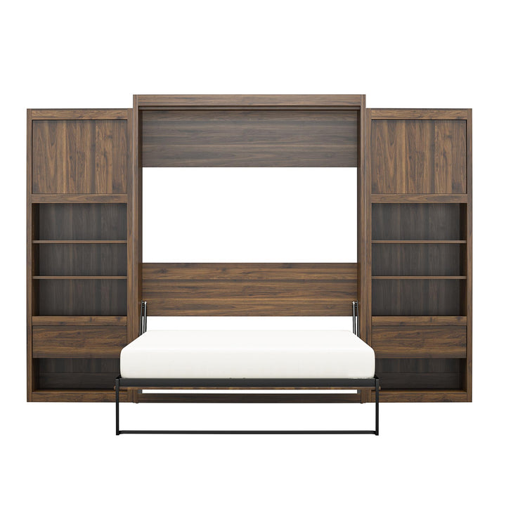 Paramount Murphy Bed Bundle with 2 Bedside Bookcase Cabinets & Slide-Out Nightstands - Columbia Walnut - Queen