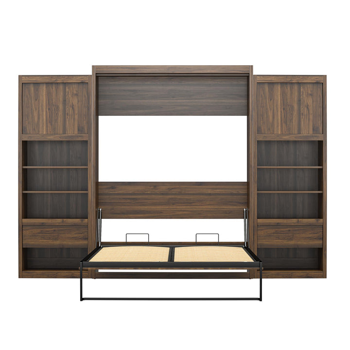 Paramount Murphy Bed Bundle with 2 Bedside Bookcase Cabinets & Slide-Out Nightstands - Columbia Walnut - Queen