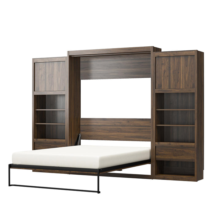 Paramount Murphy Bed Bundle with 2 Bedside Bookcase Cabinets & Slide-Out Nightstands - Columbia Walnut - Queen