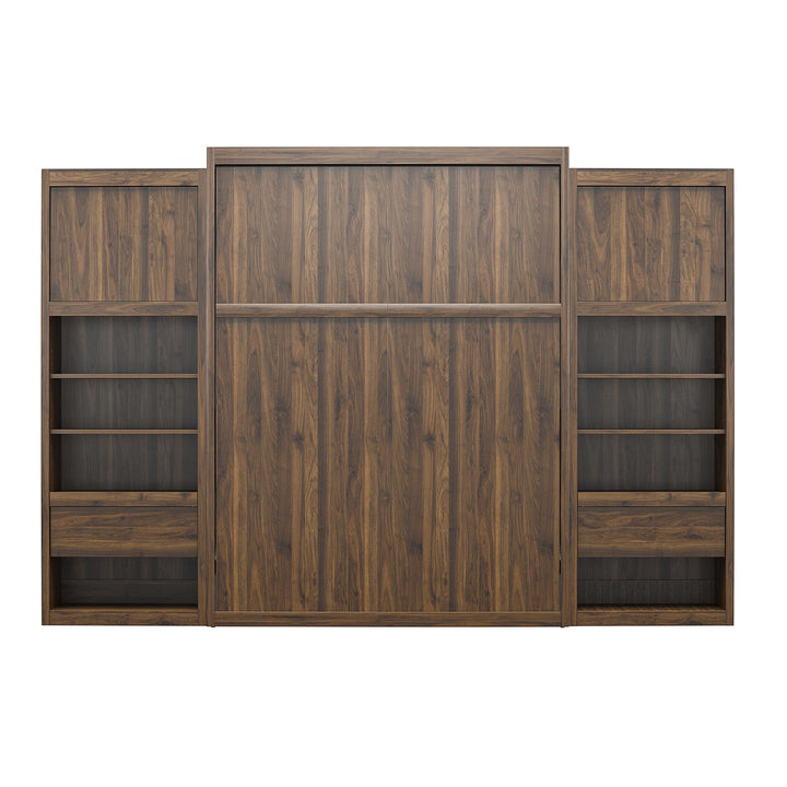Paramount Murphy Bed Bundle with 2 Bedside Bookcase Cabinets & Slide-Out Nightstands - Columbia Walnut - Queen
