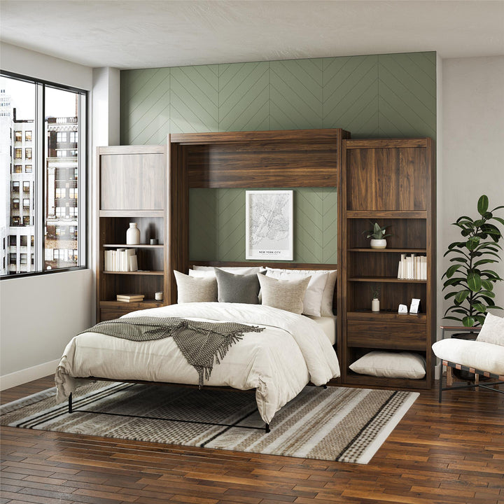 Paramount Murphy Bed Bundle with 2 Bedside Bookcase Cabinets & Slide-Out Nightstands - Columbia Walnut - Queen
