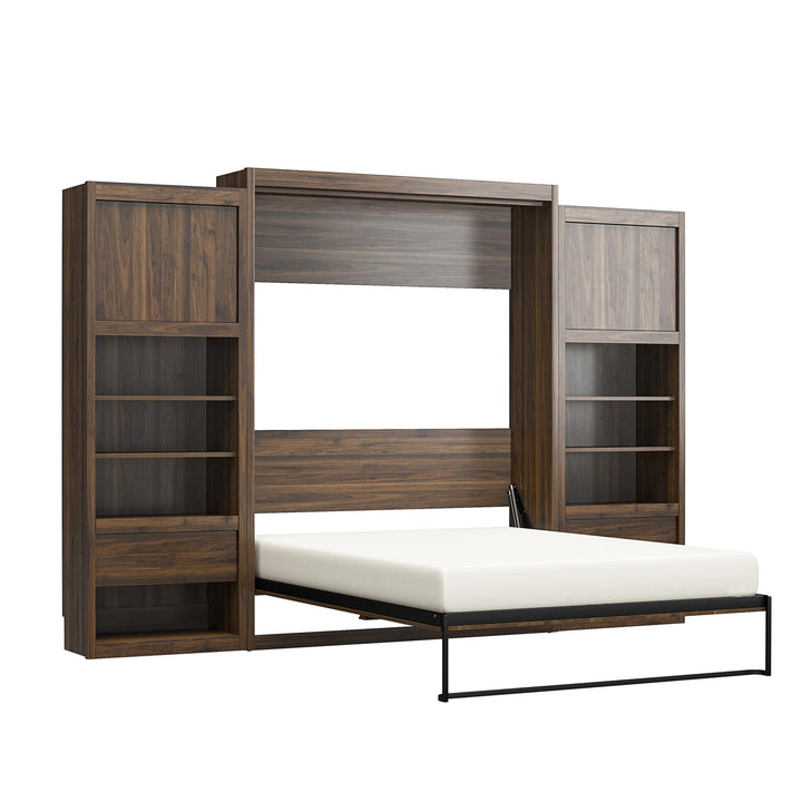 Paramount Murphy Bed Bundle with 2 Bedside Bookcase Cabinets & Slide-Out Nightstands - Columbia Walnut - Queen