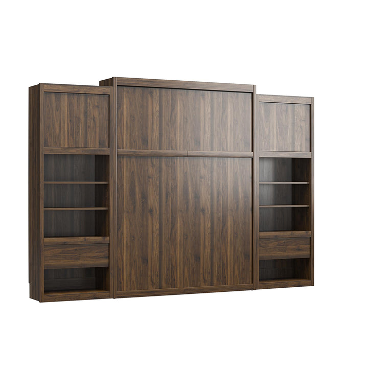 Paramount Murphy Bed Bundle with 2 Bedside Bookcase Cabinets & Slide-Out Nightstands - Columbia Walnut - Queen