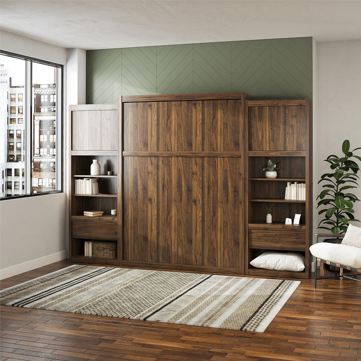 Paramount Murphy Bed Bundle with 2 Bedside Bookcase Cabinets & Slide-Out Nightstands - Columbia Walnut - Queen