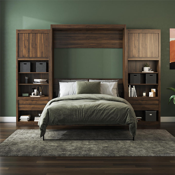 Paramount Murphy Bed Bundle with 2 Bedside Bookcase Cabinets & Slide-Out Nightstands - Columbia Walnut - Queen