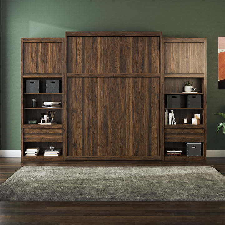 Paramount Murphy Bed Bundle with 2 Bedside Bookcase Cabinets & Slide-Out Nightstands - Columbia Walnut - Queen