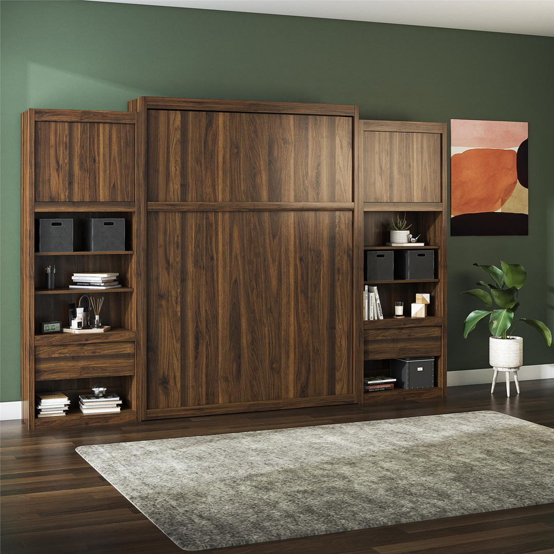 Paramount Murphy Bed Bundle with 2 Bedside Bookcase Cabinets & Slide-Out Nightstands - Columbia Walnut - Queen