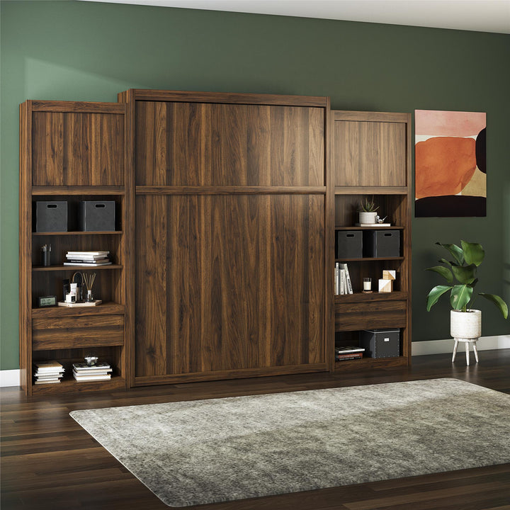 Paramount Murphy Bed Bundle with 2 Bedside Bookcase Cabinets & Slide-Out Nightstands - Columbia Walnut - Queen