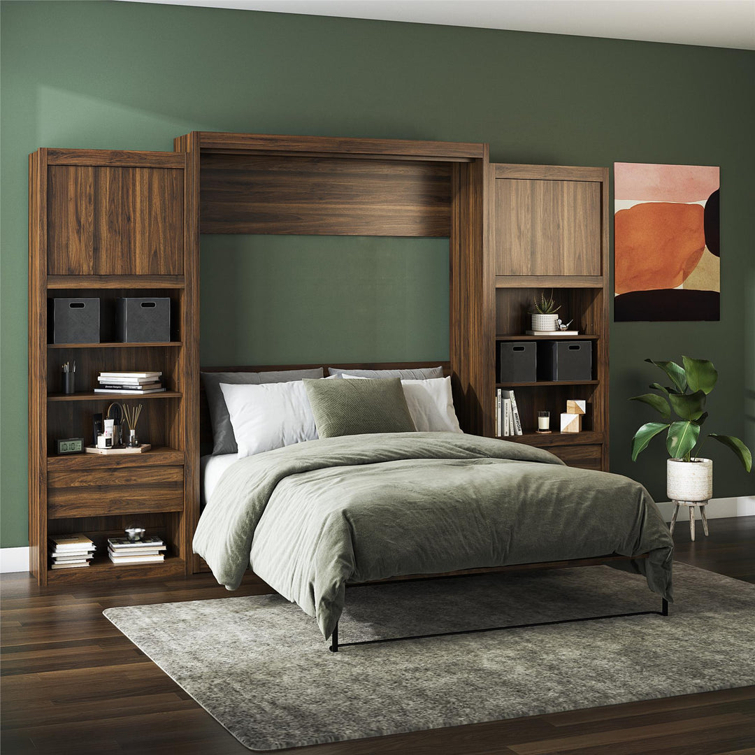 Paramount Murphy Bed Bundle with 2 Bedside Bookcase Cabinets & Slide-Out Nightstands - Columbia Walnut - Queen