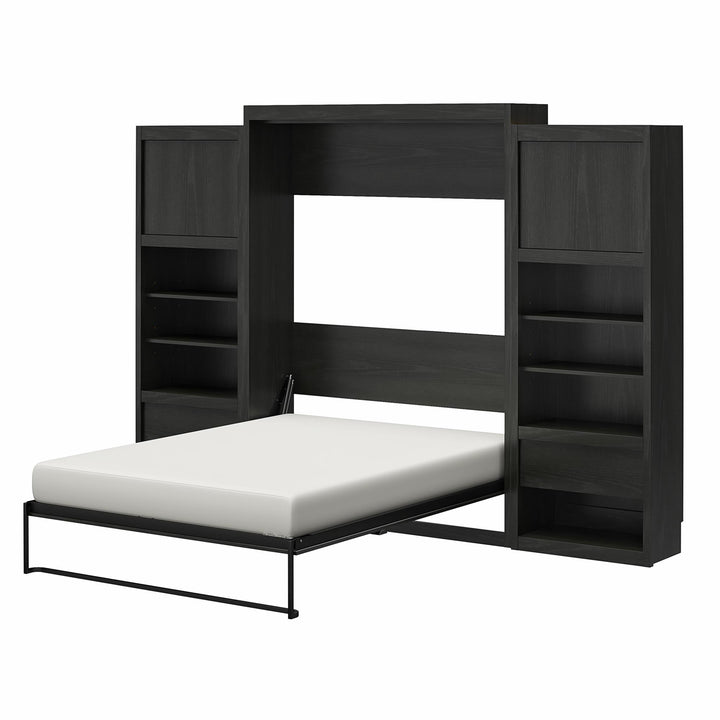 Paramount Murphy Bed Bundle with 2 Bedside Bookcase Cabinets & Slide-Out Nightstands - Black Oak - Queen