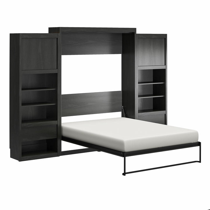 Paramount Murphy Bed Bundle with 2 Bedside Bookcase Cabinets & Slide-Out Nightstands - Black Oak - Queen