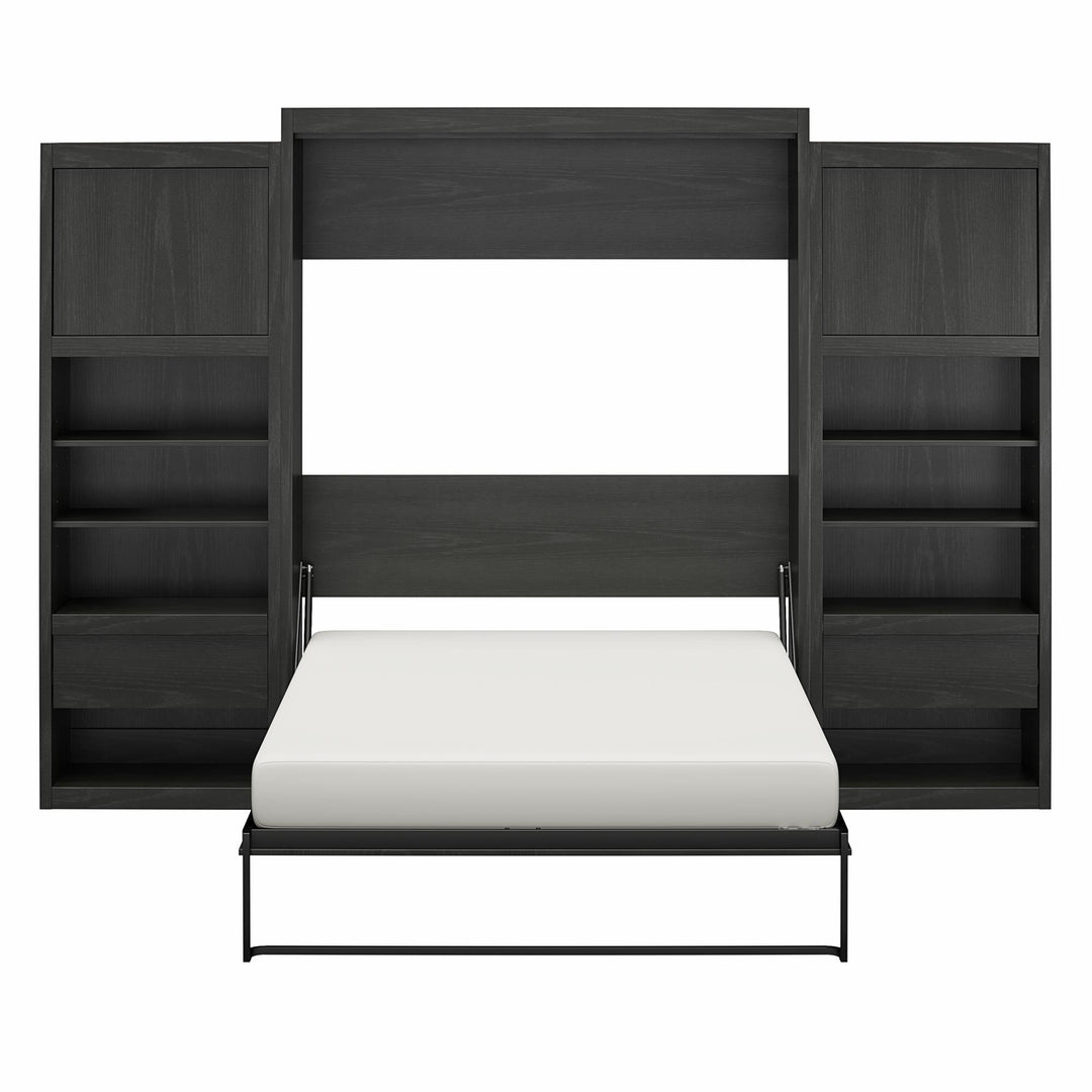 Paramount Murphy Bed Bundle with 2 Bedside Bookcase Cabinets & Slide-Out Nightstands - Black Oak - Queen