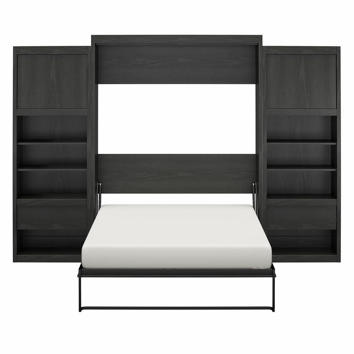 Paramount Murphy Bed Bundle with 2 Bedside Bookcase Cabinets & Slide-Out Nightstands - Black Oak - Queen