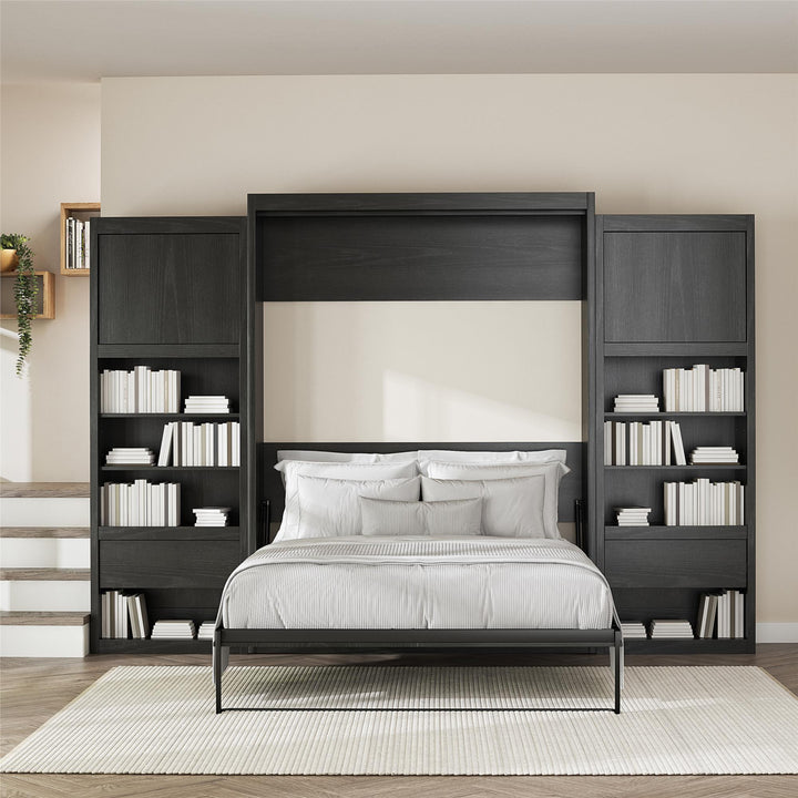 Paramount Murphy Bed Bundle with 2 Bedside Bookcase Cabinets & Slide-Out Nightstands - Black Oak - Queen