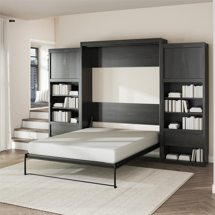 Paramount Murphy Bed Bundle with 2 Bedside Bookcase Cabinets & Slide-Out Nightstands - Black Oak - Queen