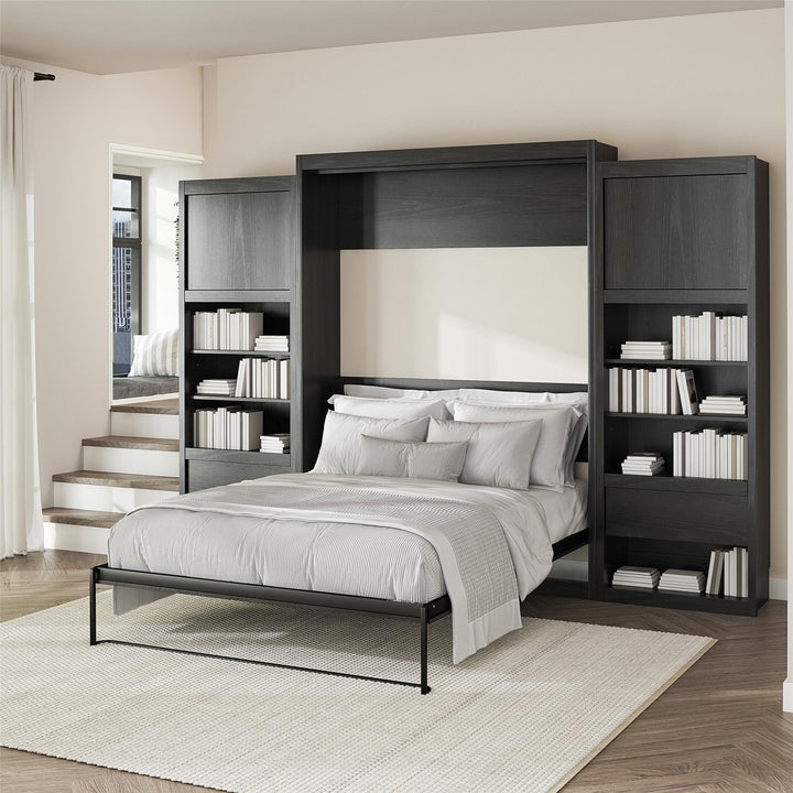 Paramount Murphy Bed Bundle with 2 Bedside Bookcase Cabinets & Slide-Out Nightstands - Black Oak - Queen