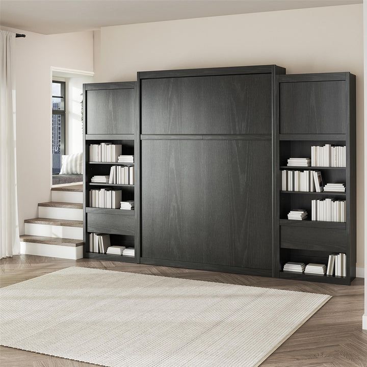 Paramount Murphy Bed Bundle with 2 Bedside Bookcase Cabinets & Slide-Out Nightstands - Black Oak - Queen