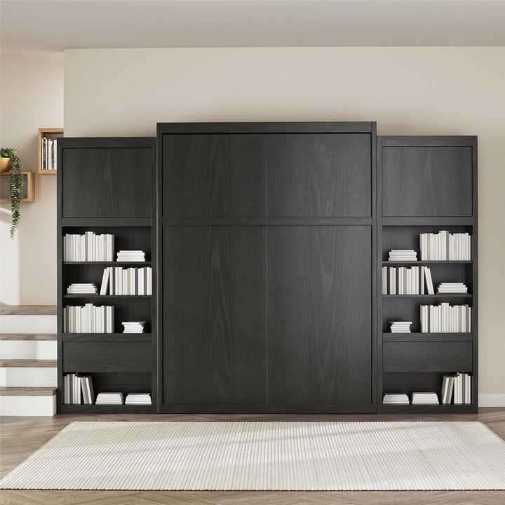 Paramount Murphy Bed Bundle with 2 Bedside Bookcase Cabinets & Slide-Out Nightstands - Black Oak - Queen