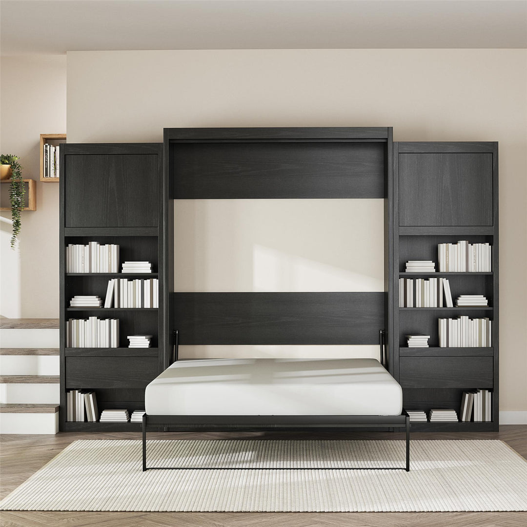 Paramount Murphy Bed Bundle with 2 Bedside Bookcase Cabinets & Slide-Out Nightstands - Black Oak - Queen