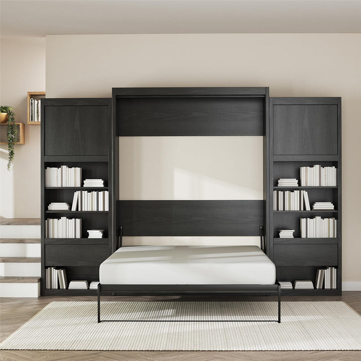 Paramount Murphy Bed Bundle with 2 Bedside Bookcase Cabinets & Slide-Out Nightstands - Black Oak - Queen