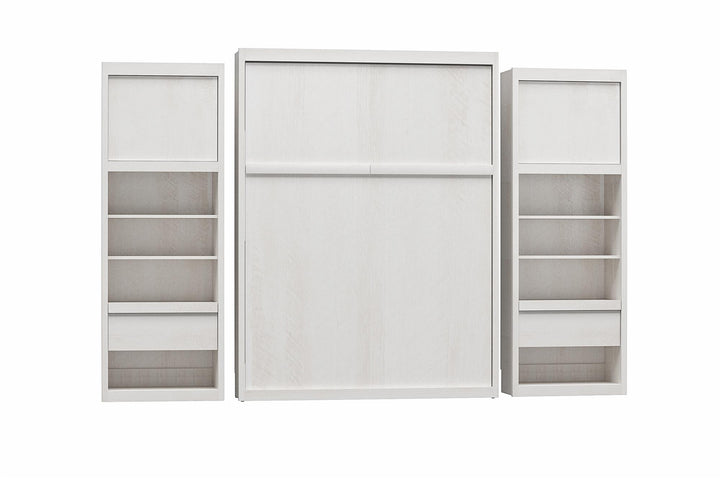 Paramount Murphy Bed Bundle with 2 Bedside Bookcase Cabinets & Slide-Out Nightstands - Ivory Oak - Queen