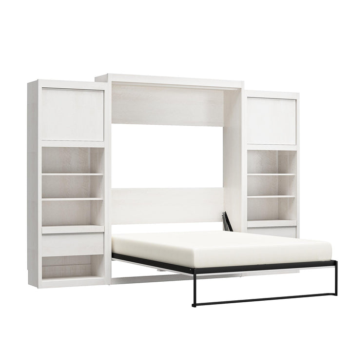 Paramount Murphy Bed Bundle with 2 Bedside Bookcase Cabinets & Slide-Out Nightstands - Ivory Oak - Queen