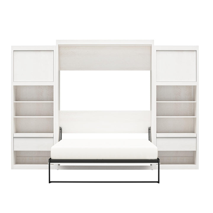 Paramount Murphy Bed Bundle with 2 Bedside Bookcase Cabinets & Slide-Out Nightstands - Ivory Oak - Queen