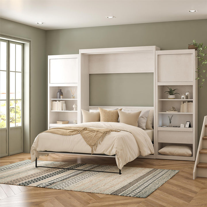 Paramount Murphy Bed Bundle with 2 Bedside Bookcase Cabinets & Slide-Out Nightstands - Ivory Oak - Queen