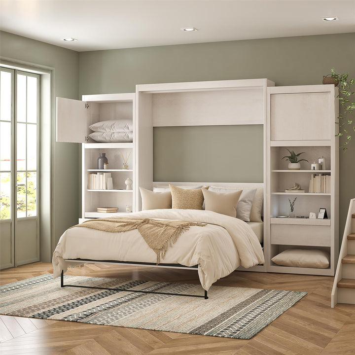 Paramount Murphy Bed Bundle with 2 Bedside Bookcase Cabinets & Slide-Out Nightstands - Ivory Oak - Queen