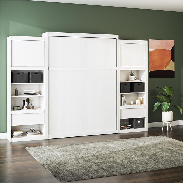 Paramount Murphy Bed Bundle with 2 Bedside Bookcase Cabinets & Slide-Out Nightstands - Ivory Oak - Queen