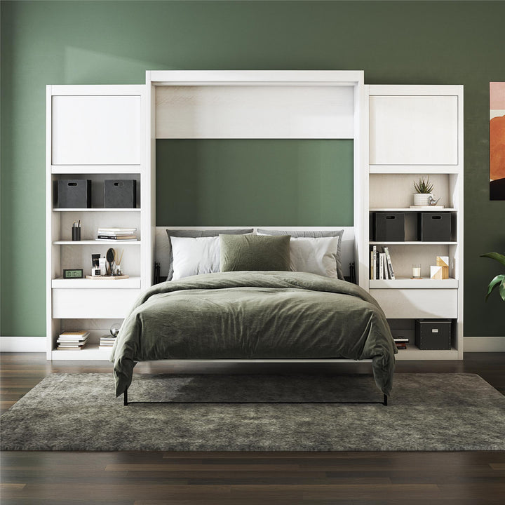 Paramount Murphy Bed Bundle with 2 Bedside Bookcase Cabinets & Slide-Out Nightstands - Ivory Oak - Queen